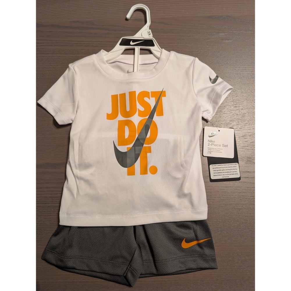 NEW Nike 24M Boys 2-Piece Set Just Do It T-Shirt and Mesh Shorts White Grey
